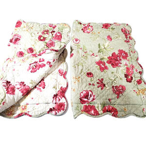 Pottery Barn 2 Standard‎ Pillow Shams Cotton LINEN Floral Green Pink Quilted